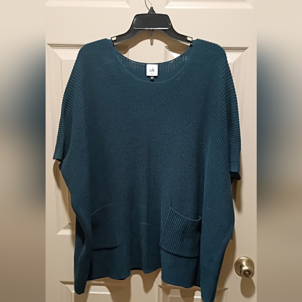 Cabi XS/S Blue Green Knit Poncho Top Sleeveless Pockets Pullover Sweater Casual